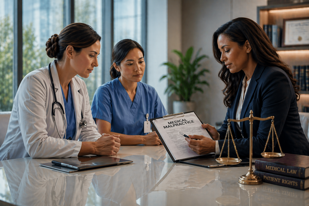 Healthcare professionals and legal advocate discussing patient rights